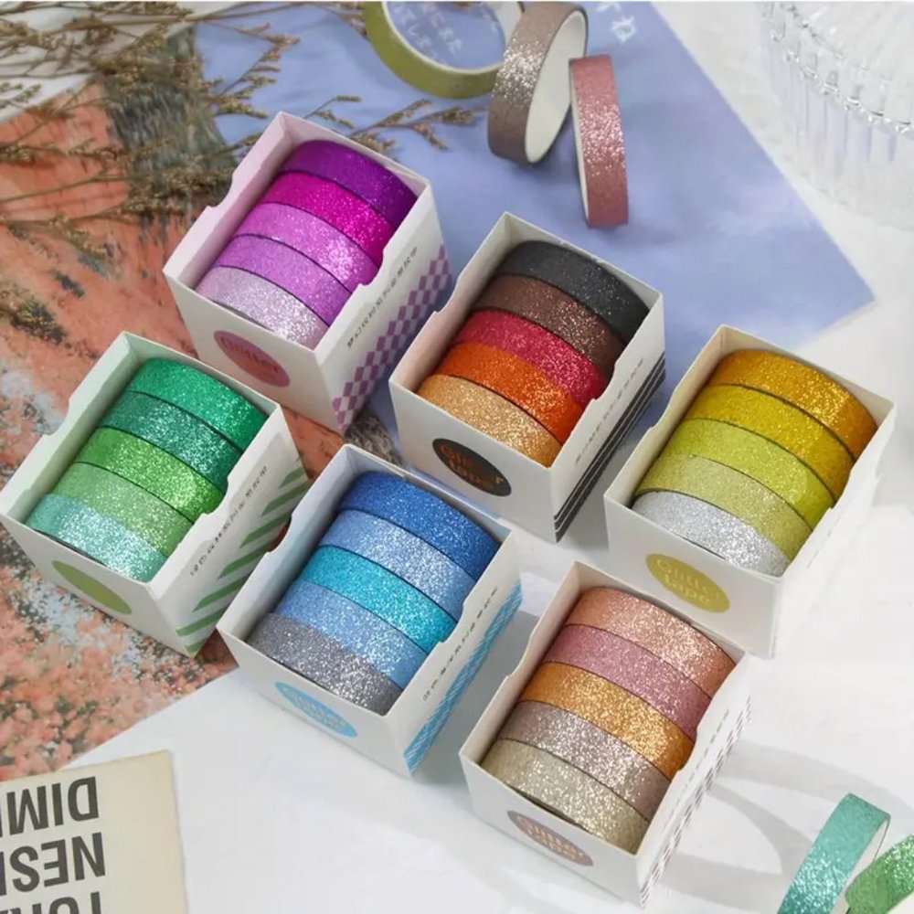 NEW Set of 6 - 5 Rolls Boxed Glitter Powder Glitter Shimmer Washi Tape - Variety